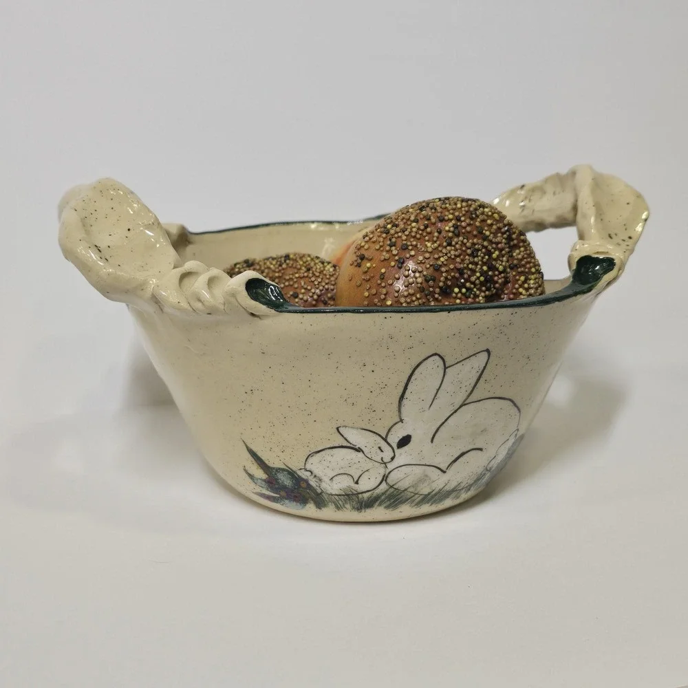 Vintage Gail Miller Signed Pottery Bunny Bowl Folk Art Arkansas HandPainted